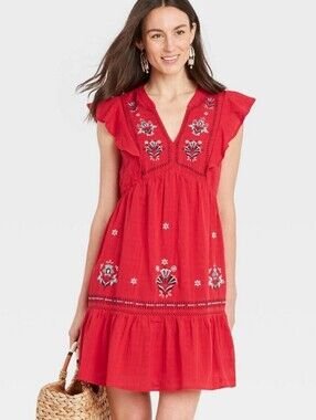 Knox Rose Red Embroidered V-Neck Flutter Ruffle Sleeve Dress 100% Cotton Medium